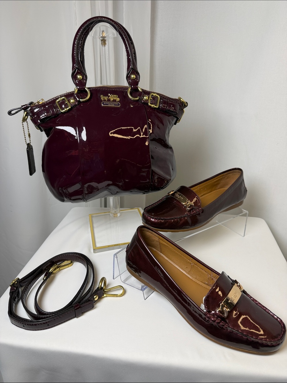 Coach Madison Patent Leather Lindsey Satchel Plum Burgundy Y2K w/ Strap